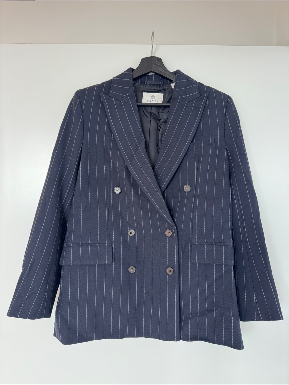 Navy Pinstripe Double-Breasted Babaton Oversized Blazer
